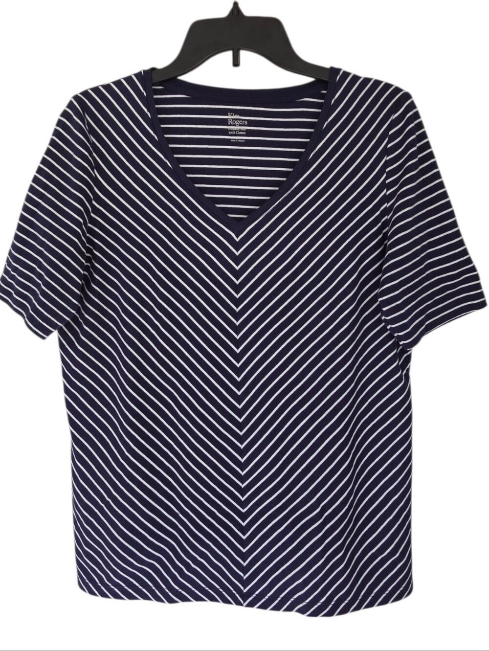 Kim Rogers Navy & White Patterned V-Neck Top